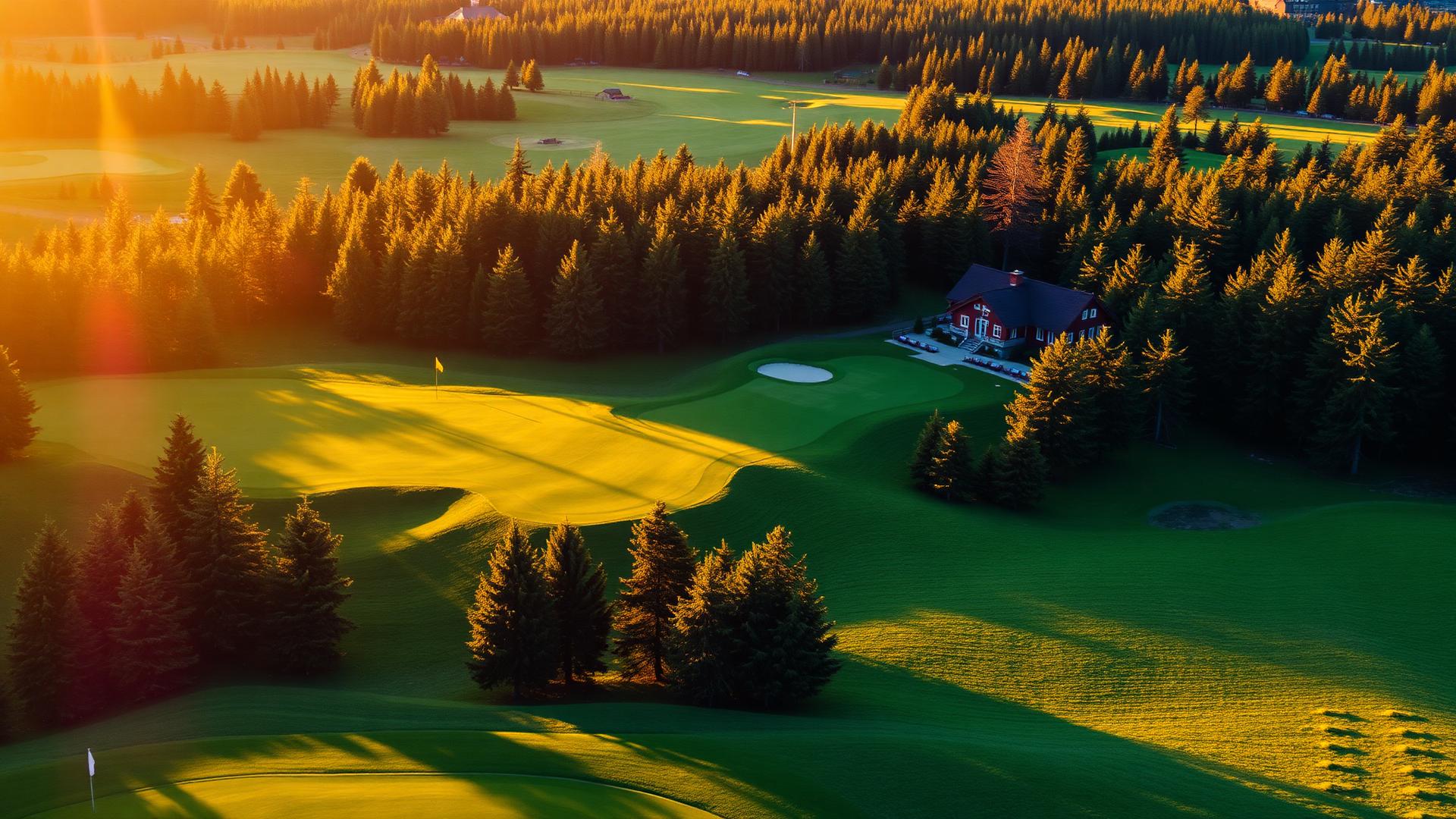 Svensk golfbana i kvällsljus omgiven av tallskog